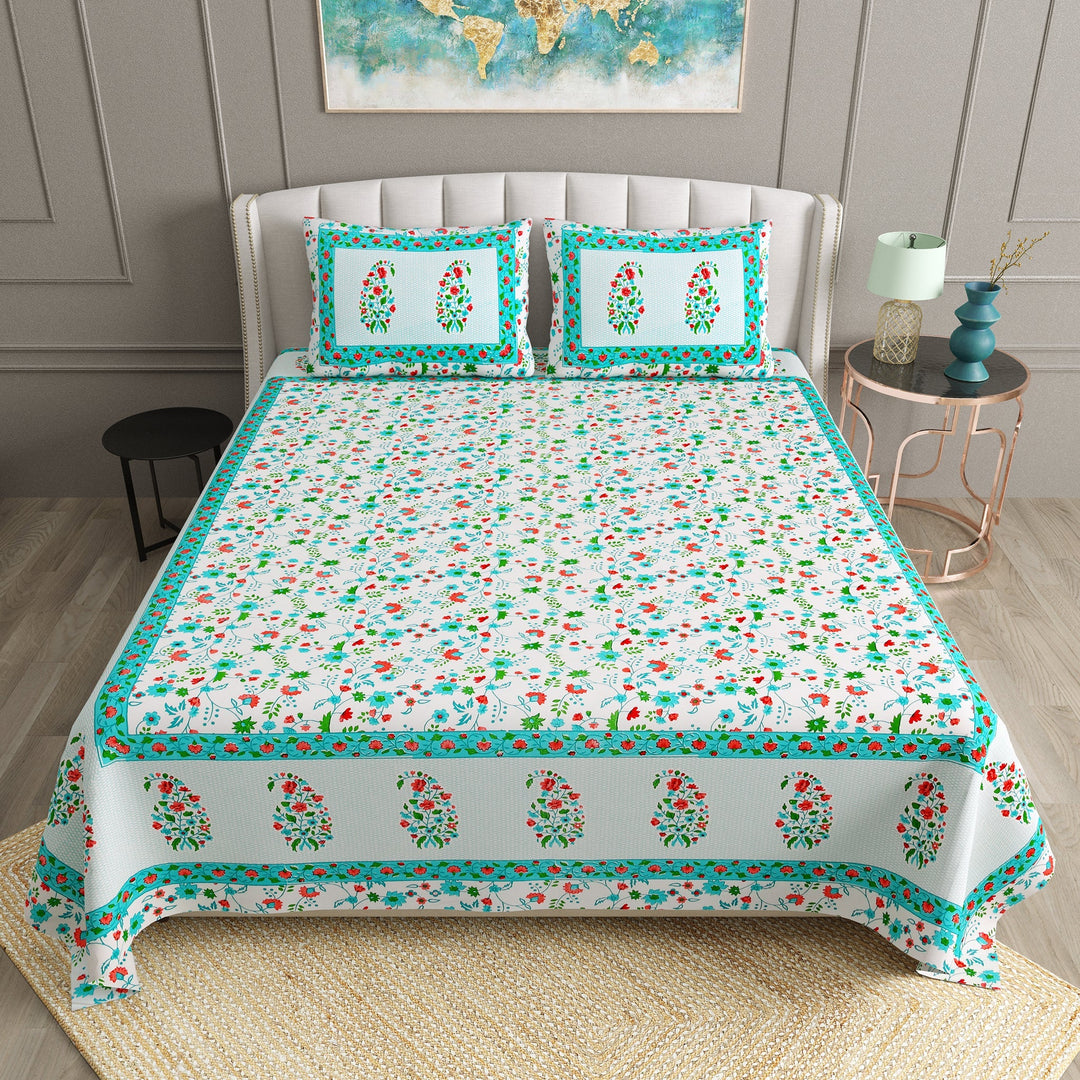 Bella Casa Fashion & Retail Ltd  90 X 108 Inch / Blue / Cotton Bella Casa Double Bedsheet Set Cotton King Size with 2 Pillow Covers  Floral Design Blue Colour - Ethnic Collection