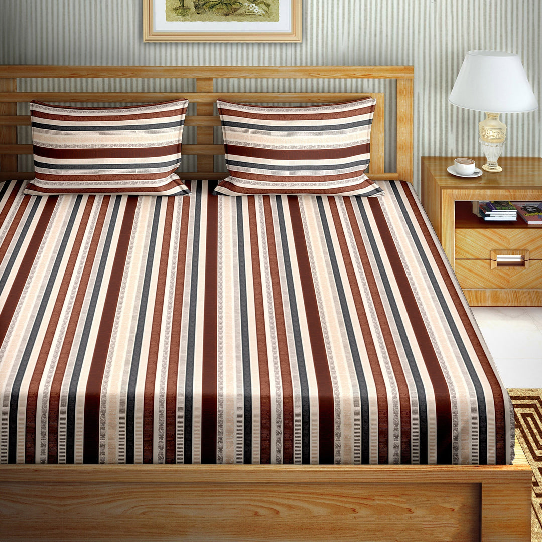 Double Bedsheet Set Cotton King Size with 2 Pillow Covers Strip Design Brown & Grey Colour - Stella Collection
