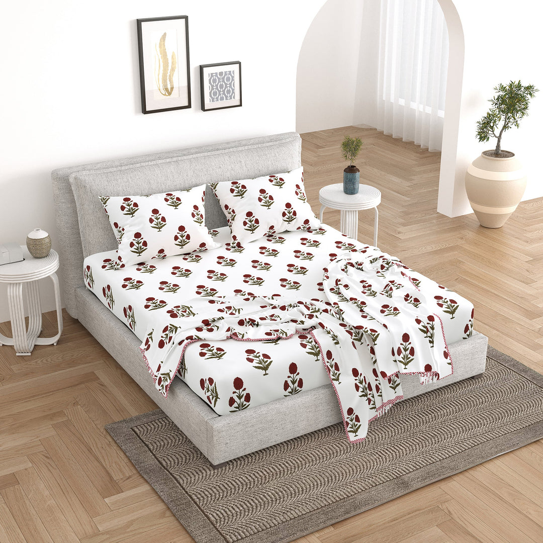 Bella Casa Fashion & Retail Ltd Bedding Set 90 x 108 inch / Red / Cotton 5 PC Bedding Set ( 1 Double Bedsheet with 2 Pillow Covers & 2 Reversible Single Dohar ) Floral Design Cotton Red Colour - Oasis Bedding Set