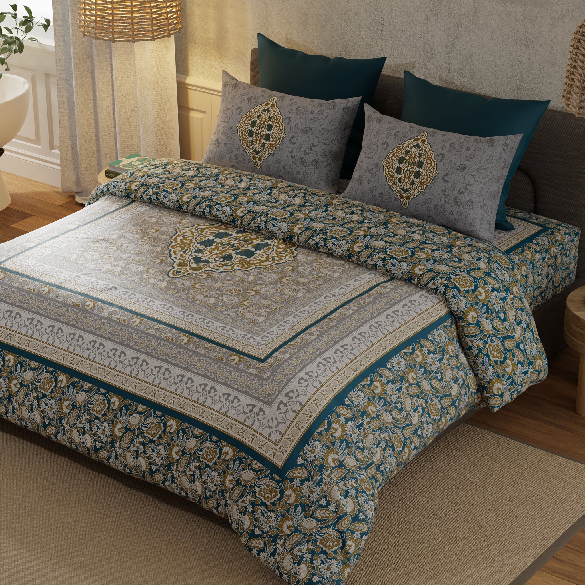 Bella Casa Fashion & Retail Ltd BEDSHEET 108 X 108 Inch / Blue / 100 % Luxury Cotton Double Premium Bedsheet Set 100 % Luxury Cotton Super King Size with 2 Pillow Covers Floral Ethnic Design Blue Colour - Rajputana Designer Collection