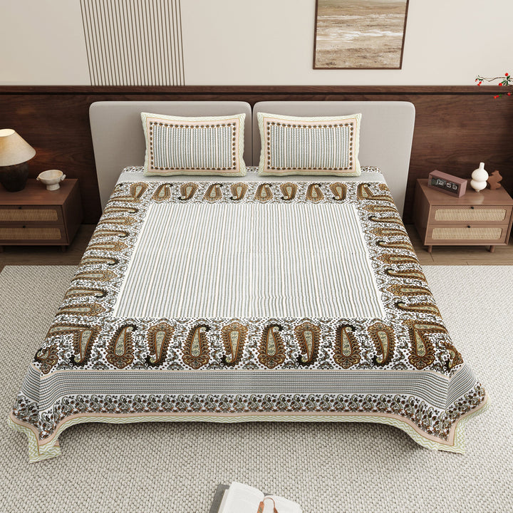 Bella Casa Fashion & Retail Ltd BEDSHEET 108 X 108 Inch / Green & White / 100 % Pure Cotton Super King Size Double Bedsheet with 2 Pillow Covers Pure Cotton Green & White Colour - Rajwada Luxe Collection