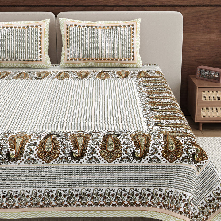 Bella Casa Fashion & Retail Ltd BEDSHEET 108 X 108 Inch / Green & White / 100 % Pure Cotton Super King Size Double Bedsheet with 2 Pillow Covers Pure Cotton Green & White Colour - Rajwada Luxe Collection