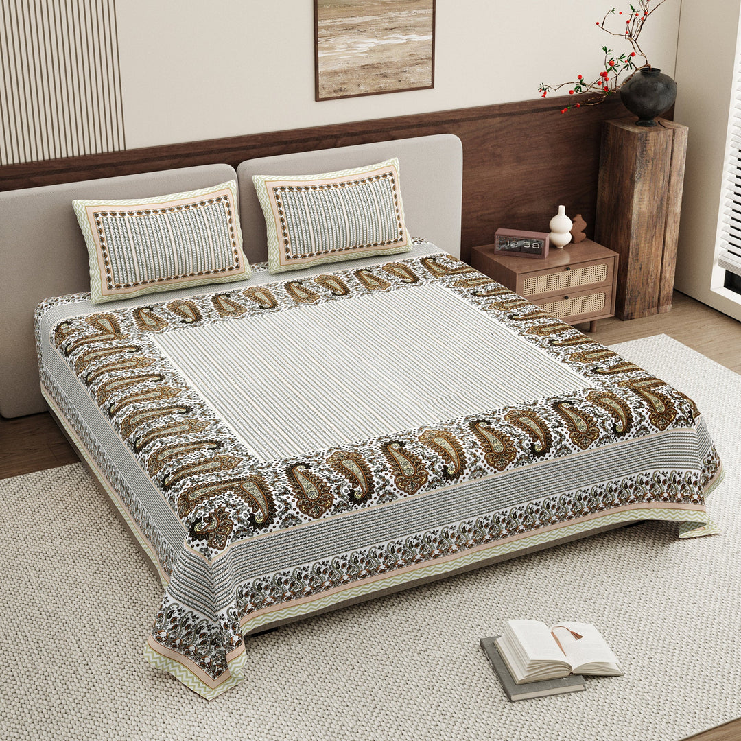 Bella Casa Fashion & Retail Ltd BEDSHEET 108 X 108 Inch / Green & White / 100 % Pure Cotton Super King Size Double Bedsheet with 2 Pillow Covers Pure Cotton Green & White Colour - Rajwada Luxe Collection