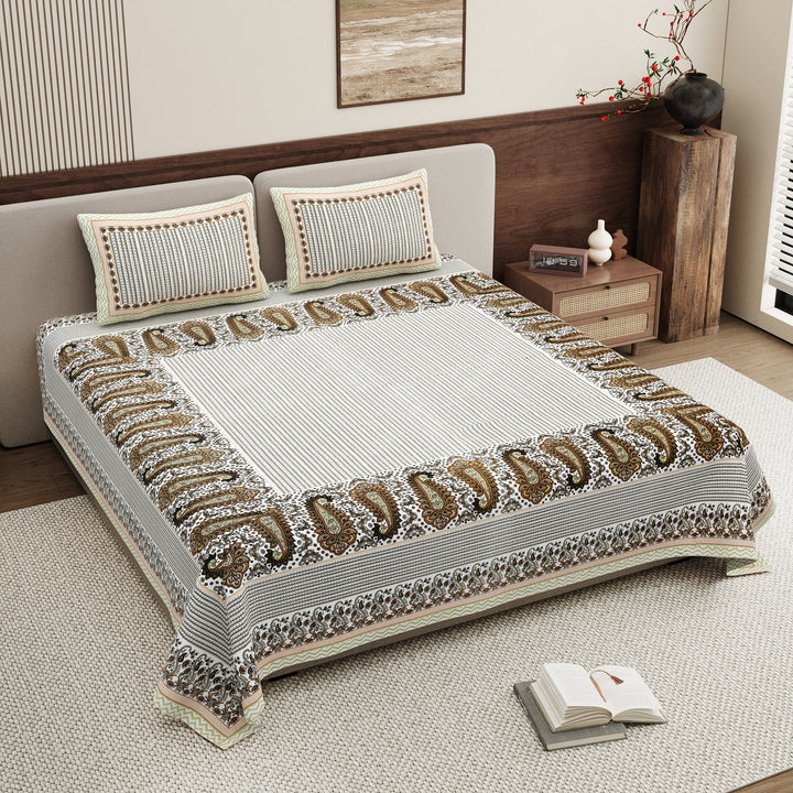 Bella Casa Fashion & Retail Ltd BEDSHEET 108 X 108 Inch / Green & White / 100 % Pure Cotton Super King Size Double Bedsheet with 2 Pillow Covers Pure Cotton Green & White Colour - Rajwada Luxe Collection