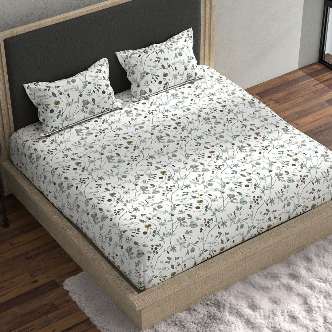 Bella Casa Fashion & Retail Ltd  BEDSHEET 70 inch x 78 inch + 7 inch / Green & White / Cotton Bella Casa Double Fitted Bedsheet with 2 Pillow Covers Cotton Floral Design Green & White Colour - Stella Collection