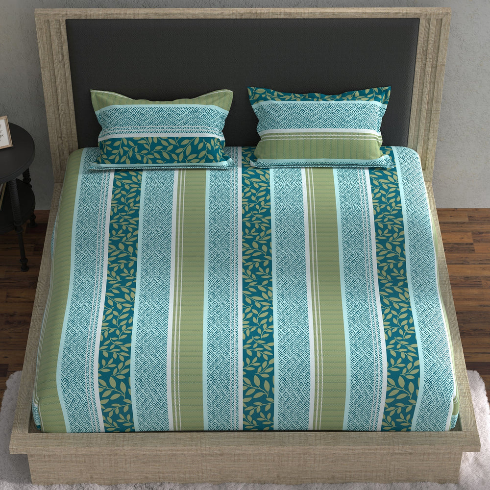 Bella Casa Fashion & Retail Ltd BEDSHEET 70 inch x 78 inch + 8 inch / Blue & Green / Cotton Double Fitted Bedsheet with 2 Pillow Covers Cotton Floral Design Blue & Green Colour - Stella Collection