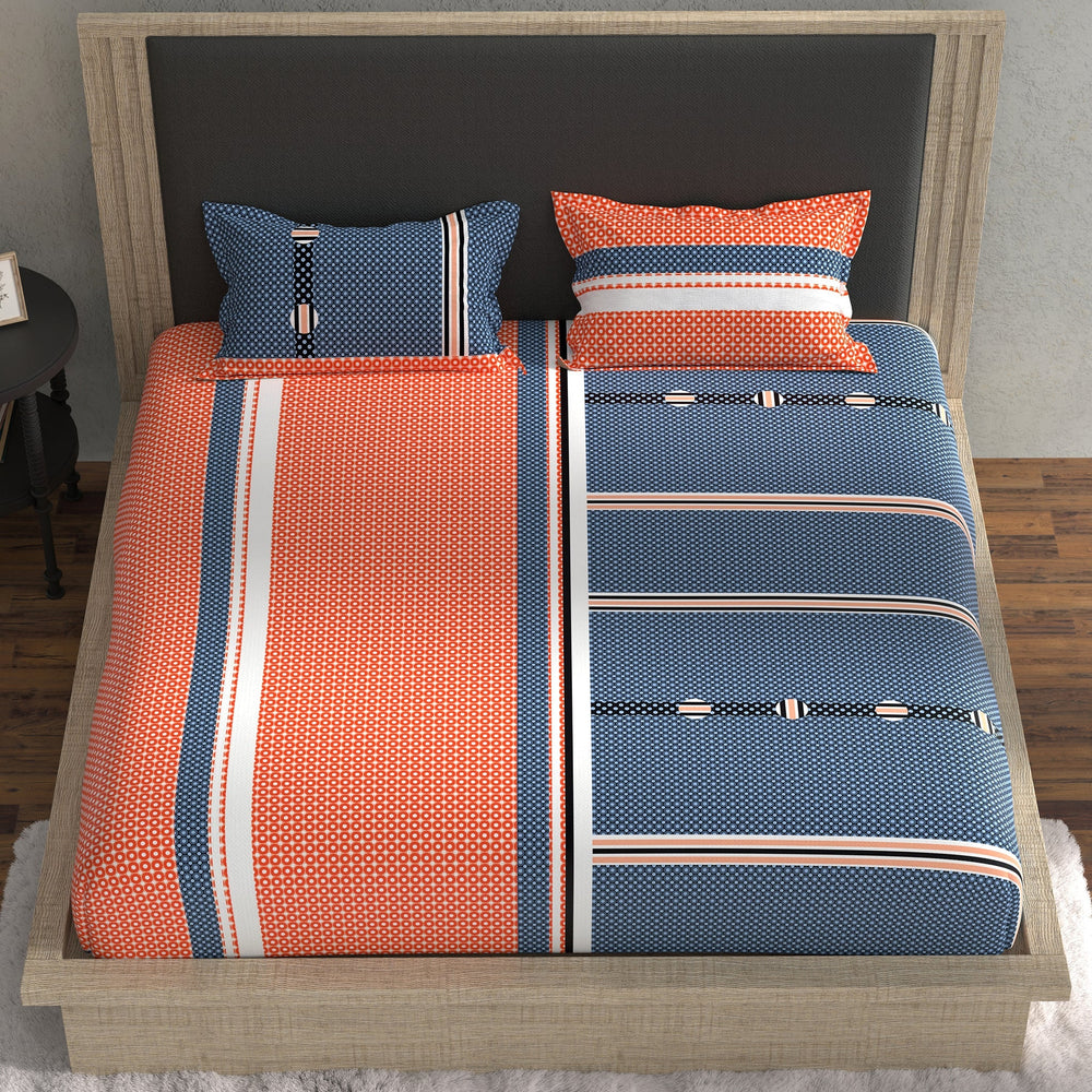 Bella Casa Fashion & Retail Ltd BEDSHEET 70 inch x 78 inch + 8 inch / Blue & Orange / Cotton Double Fitted Bedsheet with 2 Pillow Covers Cotton Geometrical Design Blue & Orange Colour - Stella Collection