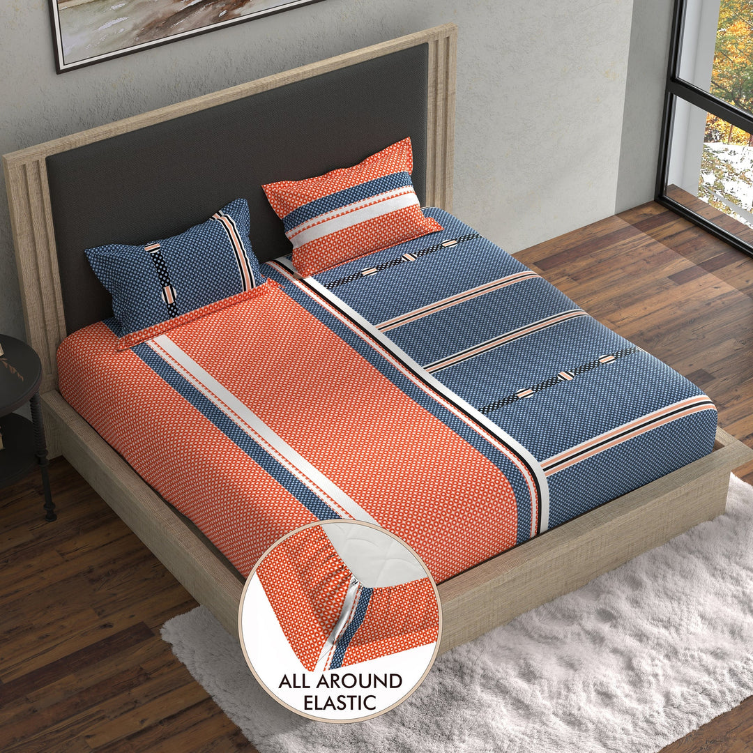 Bella Casa Fashion & Retail Ltd BEDSHEET 70 inch x 78 inch + 8 inch / Blue & Orange / Cotton Double Fitted Bedsheet with 2 Pillow Covers Cotton Geometrical Design Blue & Orange Colour - Stella Collection
