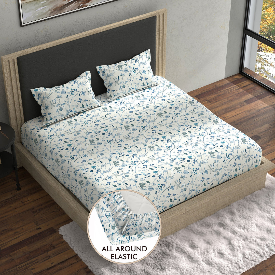 Bella Casa Fashion & Retail Ltd BEDSHEET 70 inch x 78 inch + 8 inch / Blue & White / Cotton Double Fitted Bedsheet with 2 Pillow Covers Cotton Floral Design Blue & White Colour - Stella Collection