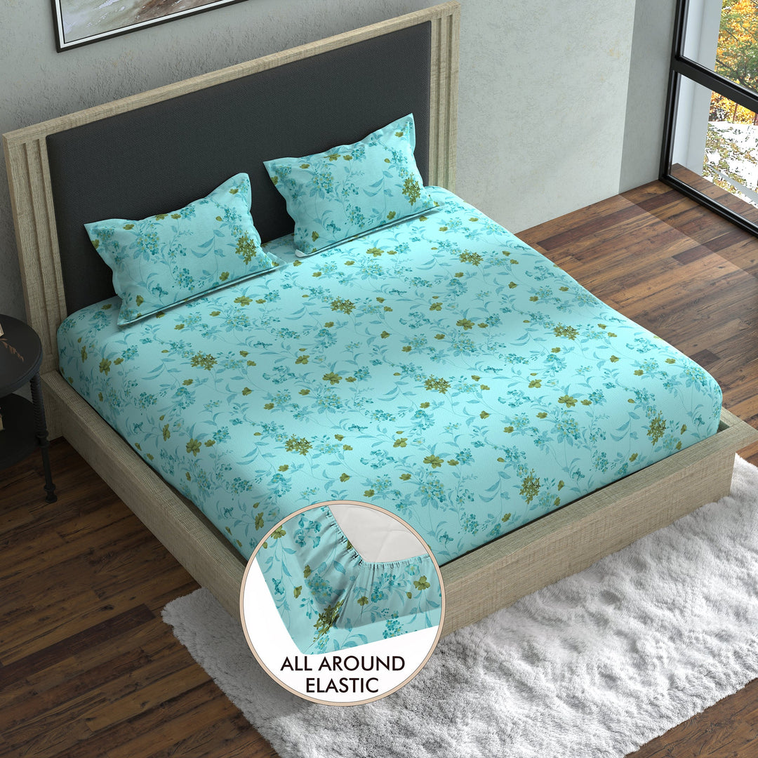 Bella Casa Fashion & Retail Ltd BEDSHEET 70 inch x 78 inch + 8 inch / Cyan / Cotton Double Fitted Bedsheet with 2 Pillow Covers Cotton Floral Design Cyan Colour - Stella Collection