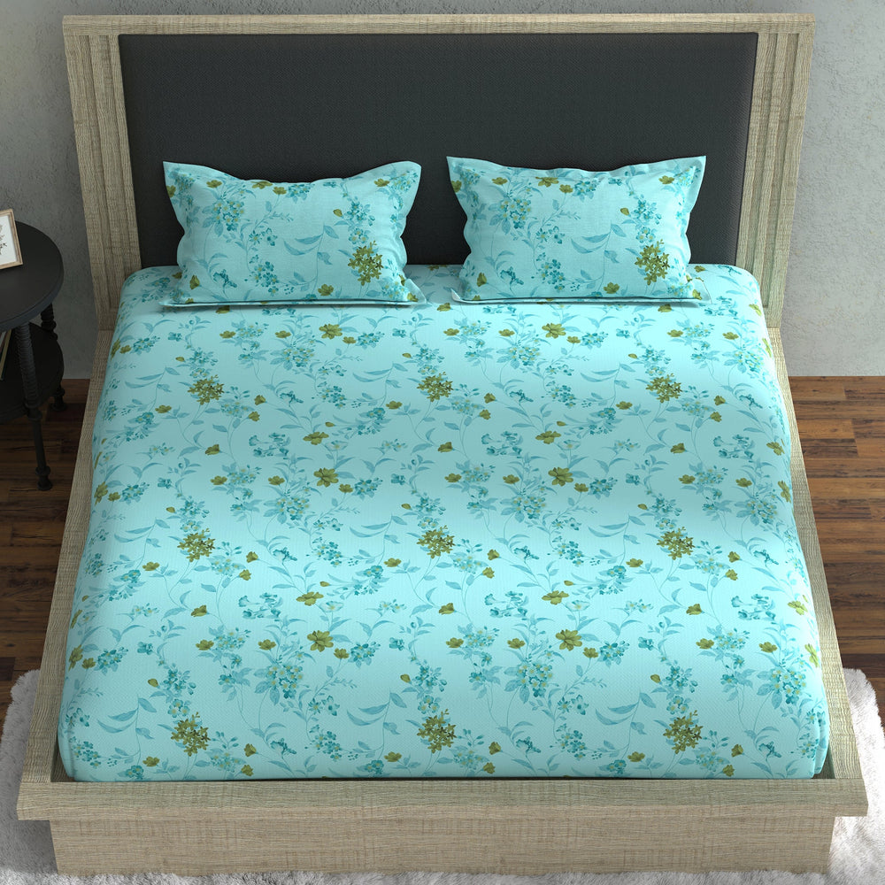 Bella Casa Fashion & Retail Ltd BEDSHEET 70 inch x 78 inch + 8 inch / Cyan / Cotton Double Fitted Bedsheet with 2 Pillow Covers Cotton Floral Design Cyan Colour - Stella Collection