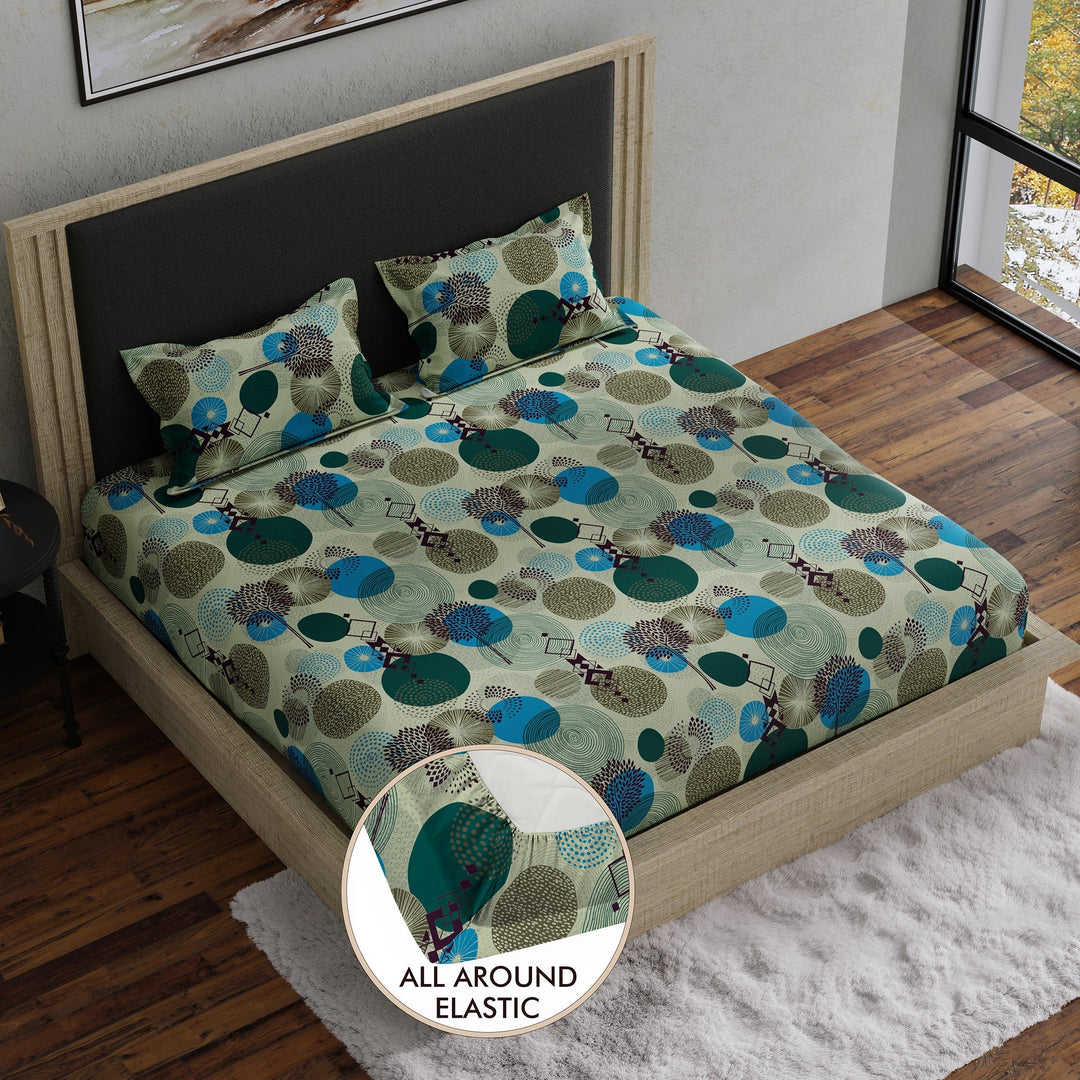 Bella Casa Fashion & Retail Ltd BEDSHEET 70 inch x 78 inch + 8 inch / Green & Blue / Cotton Double Fitted Bedsheet with 2 Pillow Covers Cotton Abstract Design Green & Blue Colour - Stella Collection