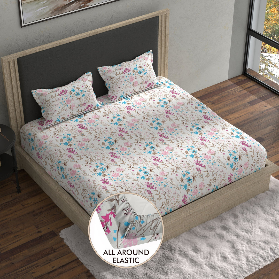 Bella Casa Fashion & Retail Ltd BEDSHEET 70 inch x 78 inch + 8 inch / Multi / Cotton Double Fitted Bedsheet Set Cotton with 2 Pillow Covers Floral Design Multi Colour - Stella Collection