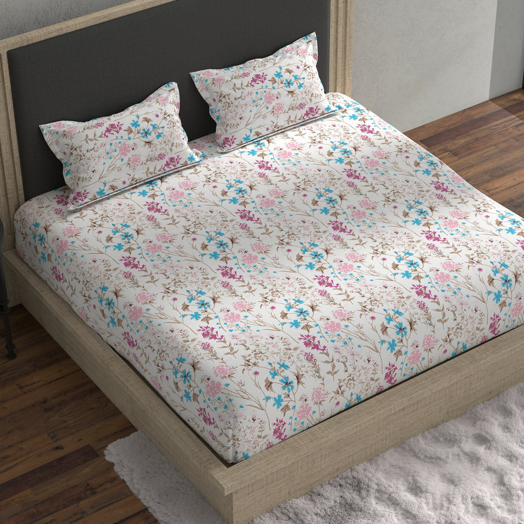 Bella Casa Fashion & Retail Ltd BEDSHEET 70 inch x 78 inch + 8 inch / Multi / Cotton Double Fitted Bedsheet Set Cotton with 2 Pillow Covers Floral Design Multi Colour - Stella Collection