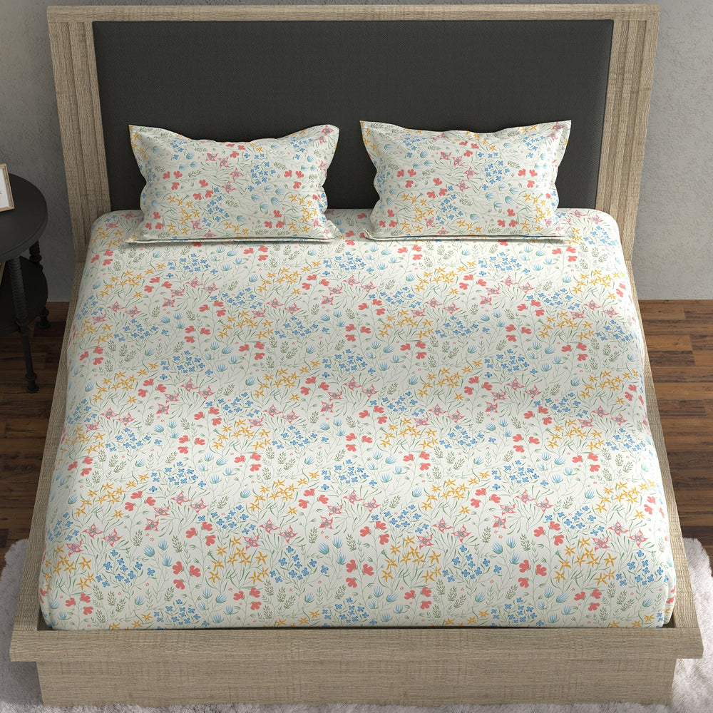 Bella Casa Fashion & Retail Ltd BEDSHEET 70 inch x 78 inch + 8 inch / Multi / Cotton Double Fitted Bedsheet with 2 Pillow Covers Cotton Geometrical Design Multi Colour - Stella Collection