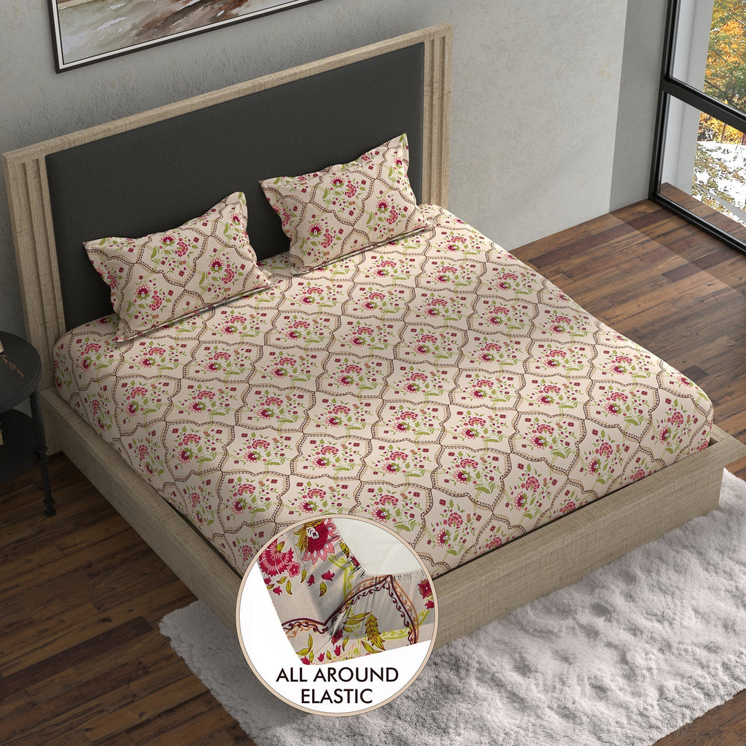 Bella Casa Fashion & Retail Ltd BEDSHEET 70 inch x 78 inch + 8 inch / Pink & Green / Cotton Double Fitted Bedsheet Set Cotton with 2 Pillow Covers Floral Design Pink & Green Colour - Stella Collection