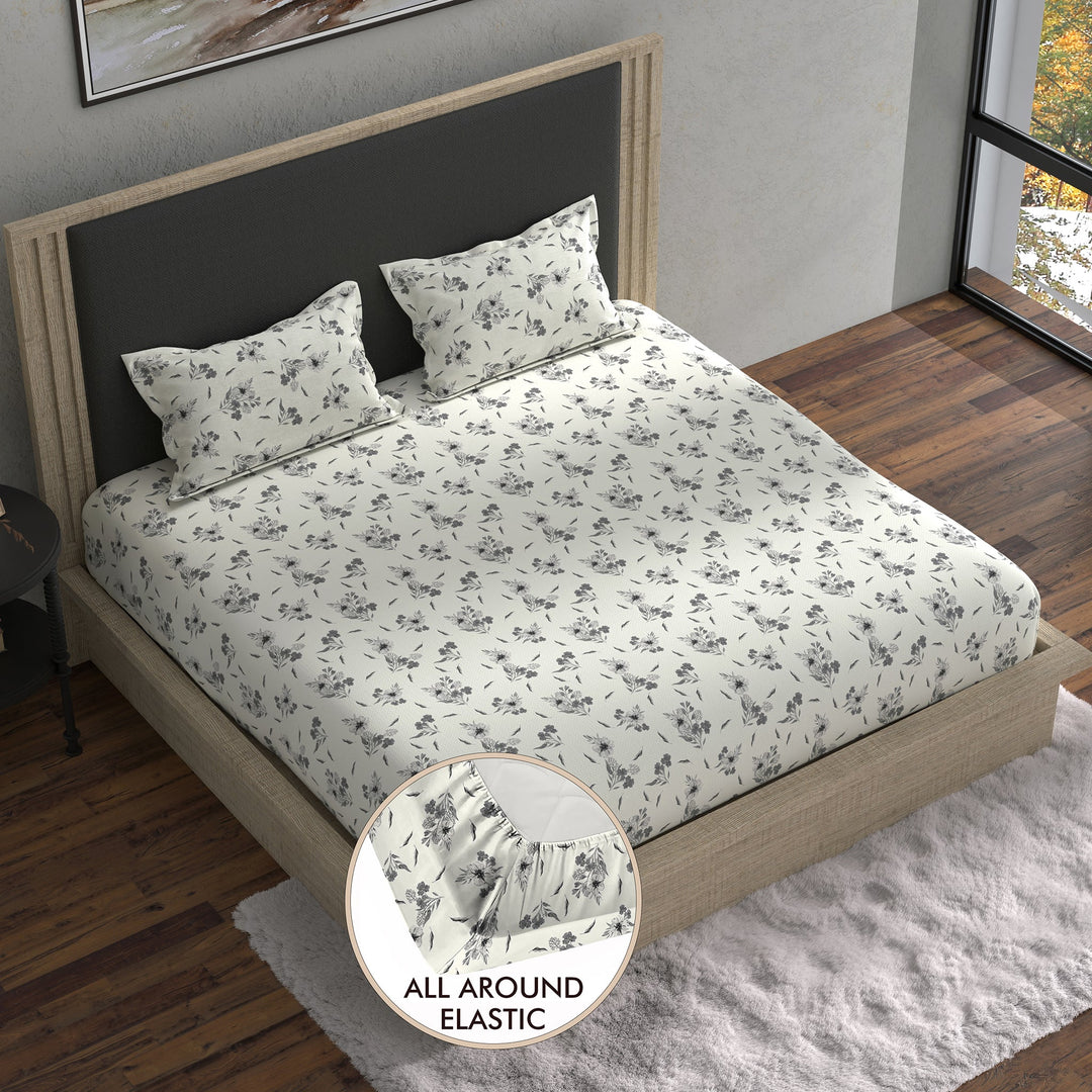 Bella Casa Fashion & Retail Ltd BEDSHEET 70 inch x 78 inch + 8 inch / White & Grey / Cotton Double Fitted Bedsheet with 2 Pillow Covers Cotton Floral Design White & Grey Colour - Stella Collection