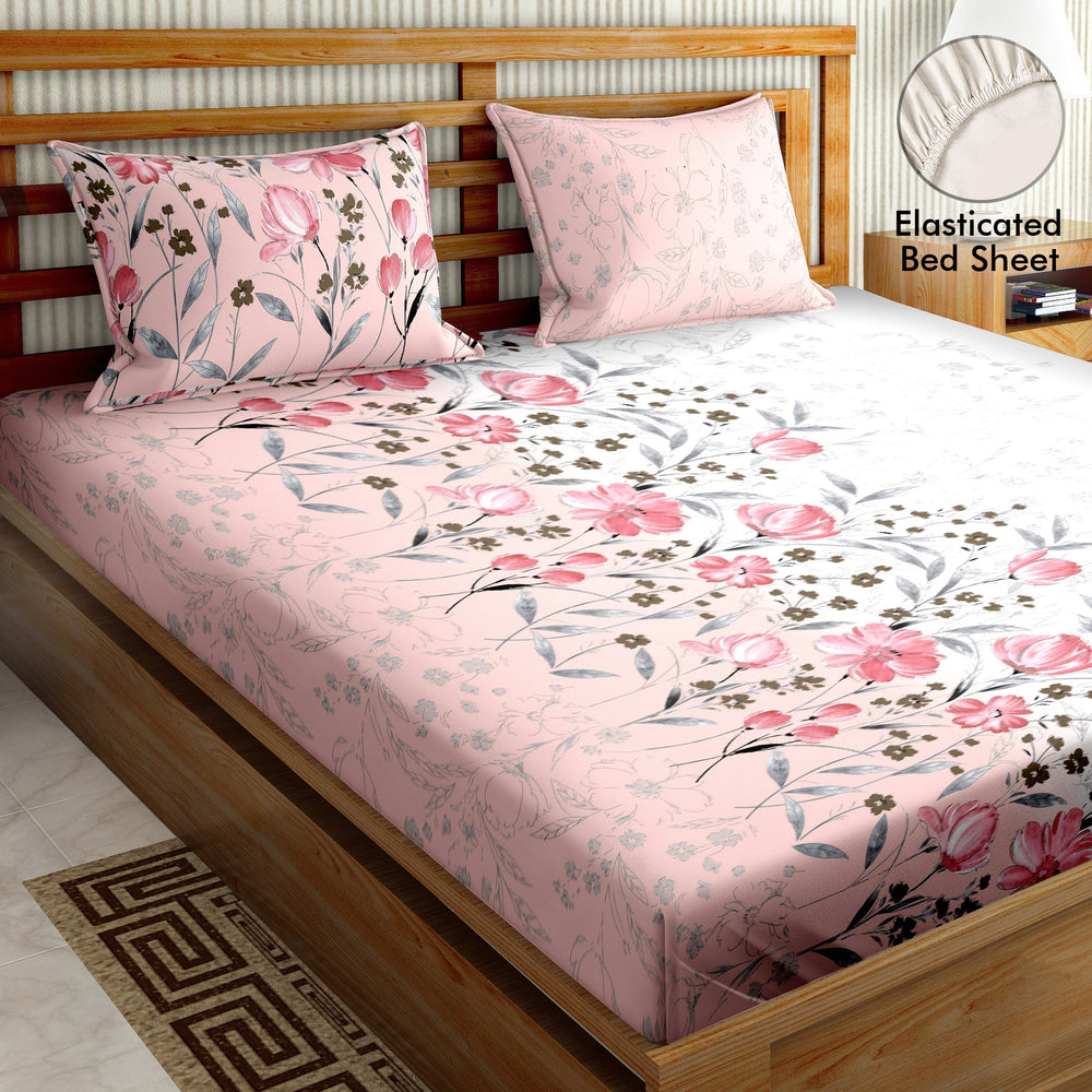 Bella Casa Fashion & Retail Ltd  BEDSHEET 72 inch x 78 inch + 10 inch / Pink / 100 % Cotton Bella Casa Double Fitted Bedsheet Set 100 % Cotton with 2 Pillow Covers Floral Design Pink Colour - Scarlet Collection
