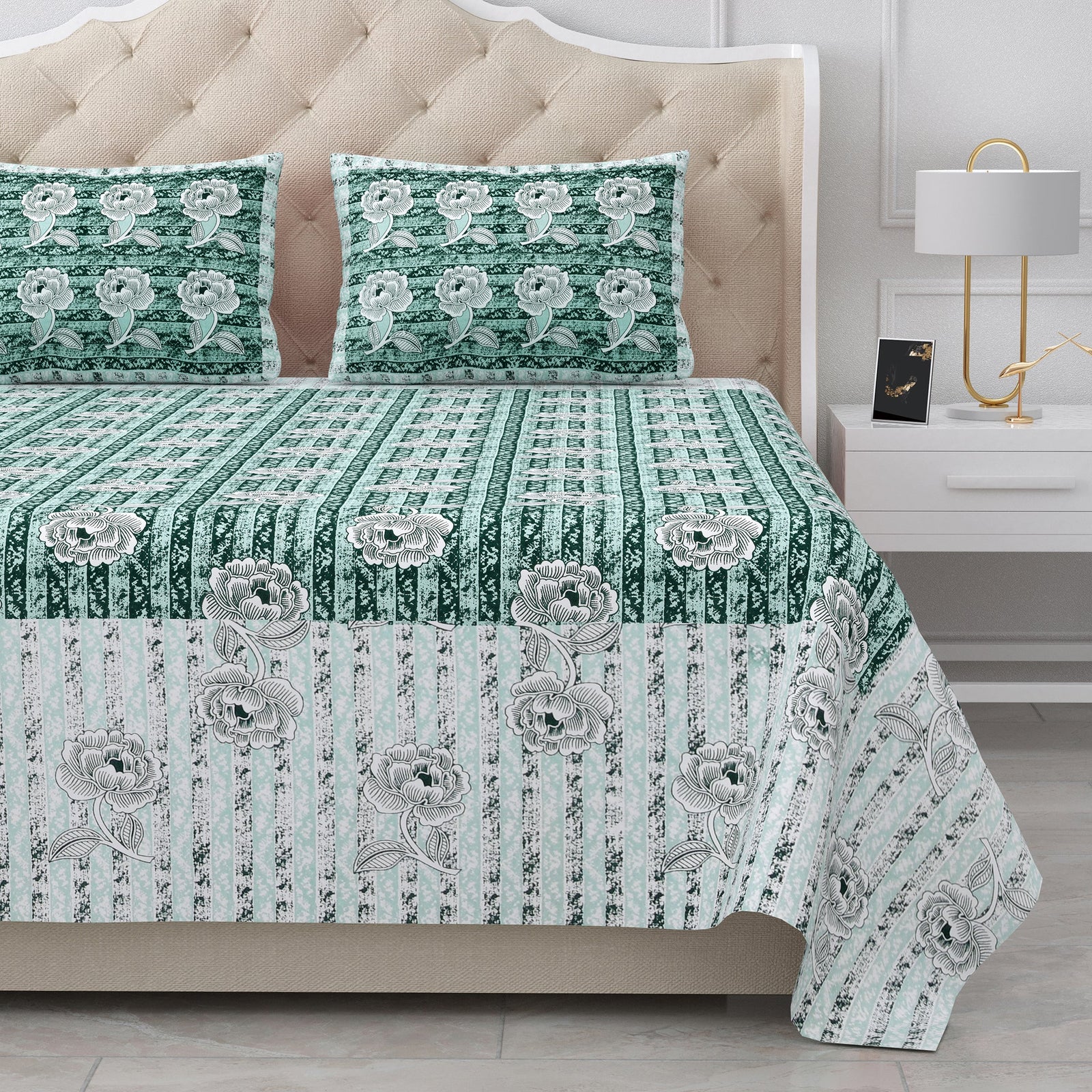 Bella Casa Fashion & Retail Ltd BEDSHEET 87 X 107 Inch / Green & Grey / Cotton Double King Size Bedsheet with 2 Pillow Covers Cotton Green & Grey Colour - Ethnic Collection