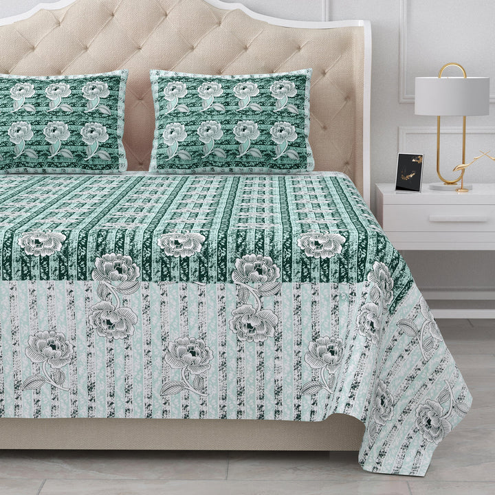 Bella Casa Fashion & Retail Ltd BEDSHEET 87 X 107 Inch / Green & Grey / Cotton Double King Size Bedsheet with 2 Pillow Covers Cotton Green & Grey Colour - Ethnic Collection