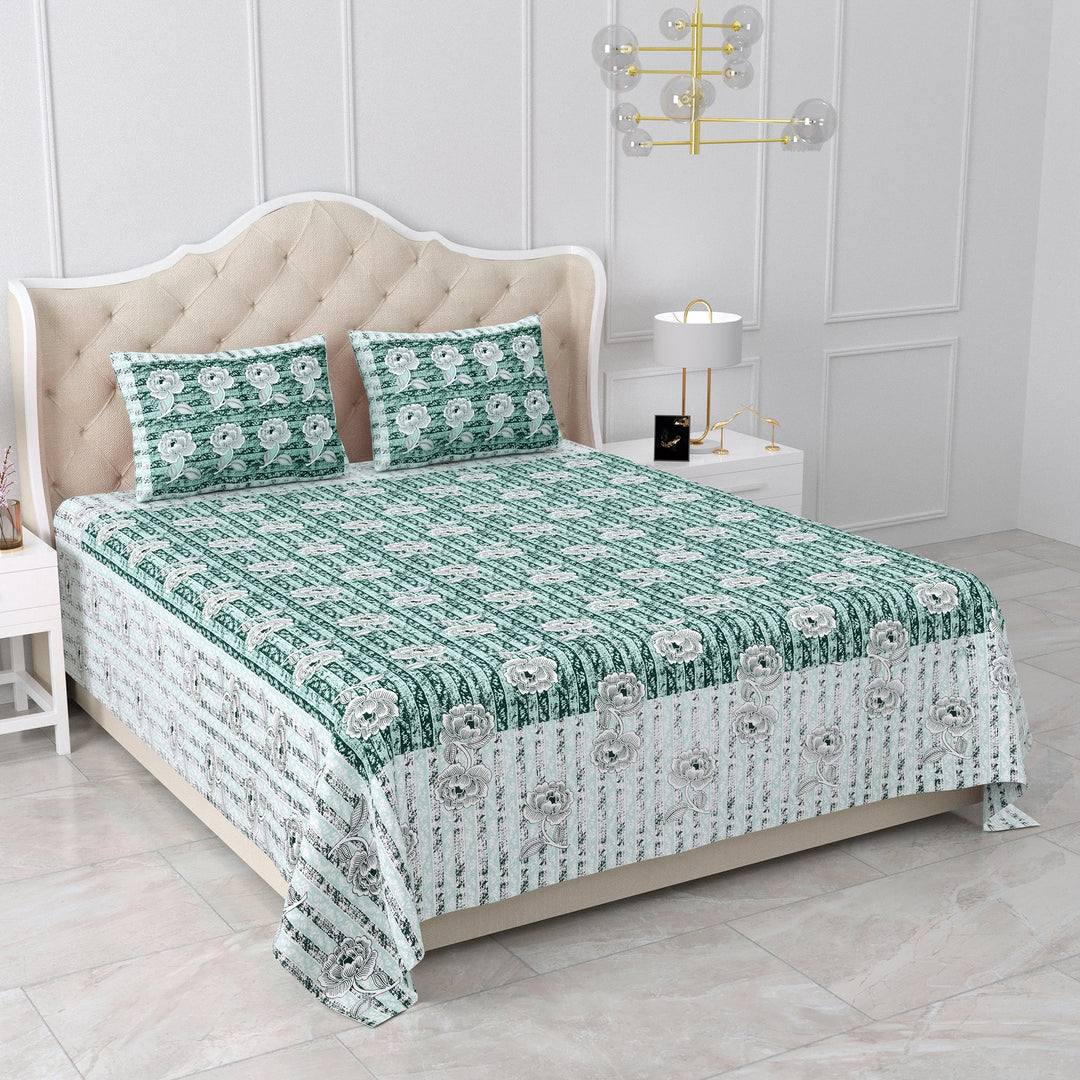 Bella Casa Fashion & Retail Ltd BEDSHEET 87 X 107 Inch / Green & Grey / Cotton Double King Size Bedsheet with 2 Pillow Covers Cotton Green & Grey Colour - Ethnic Collection