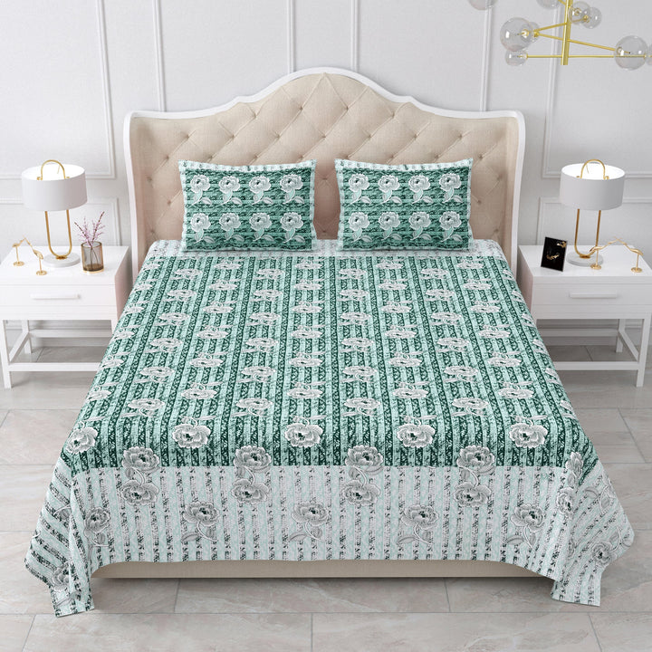 Bella Casa Fashion & Retail Ltd BEDSHEET 87 X 107 Inch / Green & Grey / Cotton Double King Size Bedsheet with 2 Pillow Covers Cotton Green & Grey Colour - Ethnic Collection