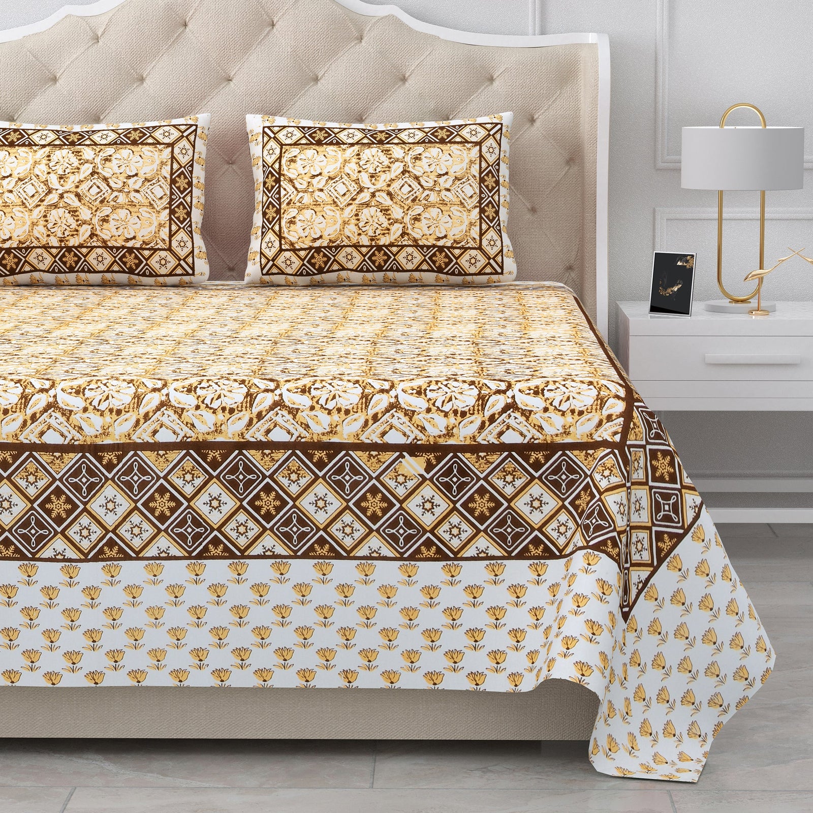 Bella Casa Fashion & Retail Ltd BEDSHEET 87 X 107 Inch / Yellow & Brown / Cotton Double King Size Bedsheet with 2 Pillow Covers Cotton Yellow & Brown Colour - Ethnic Collection