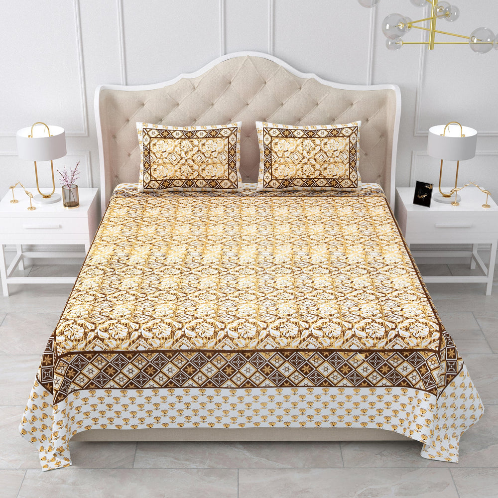 Bella Casa Fashion & Retail Ltd BEDSHEET 87 X 107 Inch / Yellow & Brown / Cotton Double King Size Bedsheet with 2 Pillow Covers Cotton Yellow & Brown Colour - Ethnic Collection