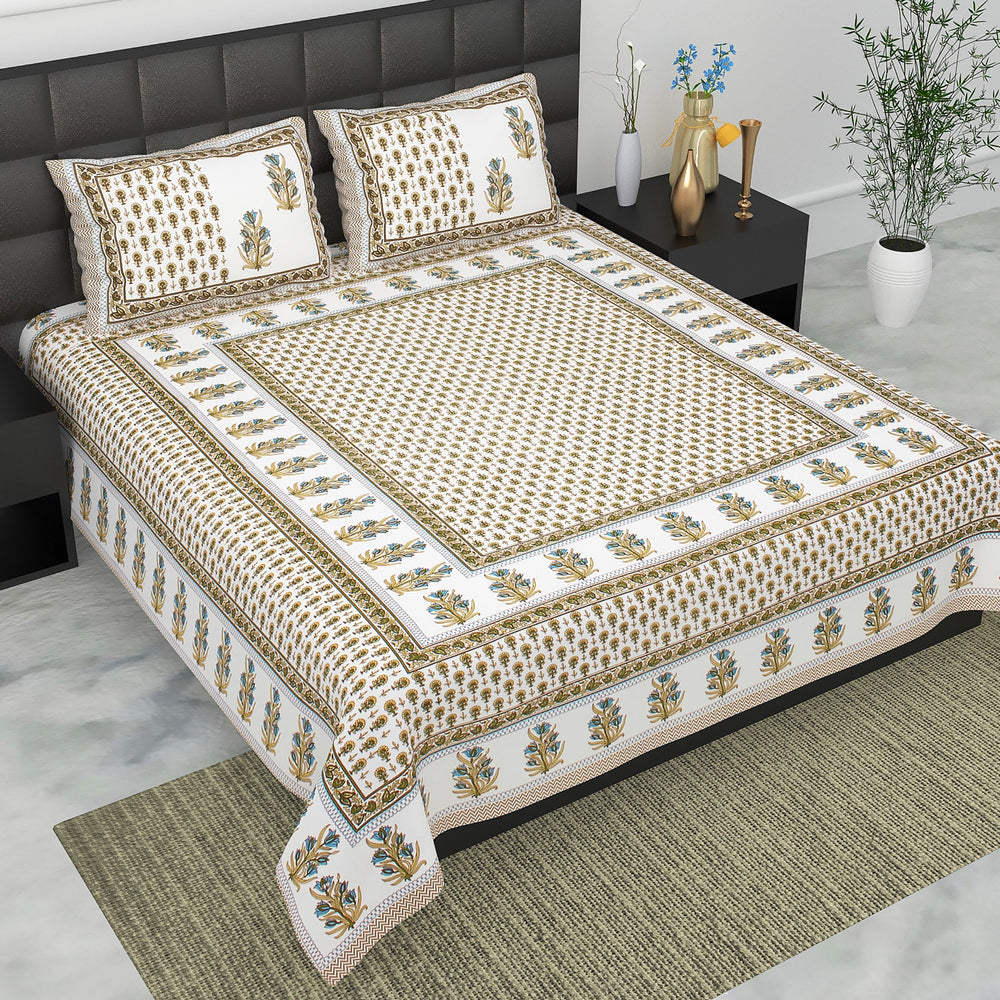 Bella Casa Fashion & Retail Ltd BEDSHEET 90 X 108 Inch / Blue & Brown / Cotton Bella Casa Double King Size Bedsheet Set Cotton with 2 Pillow Covers Floral Design Brown & Blue Colour - Ethnic Collection