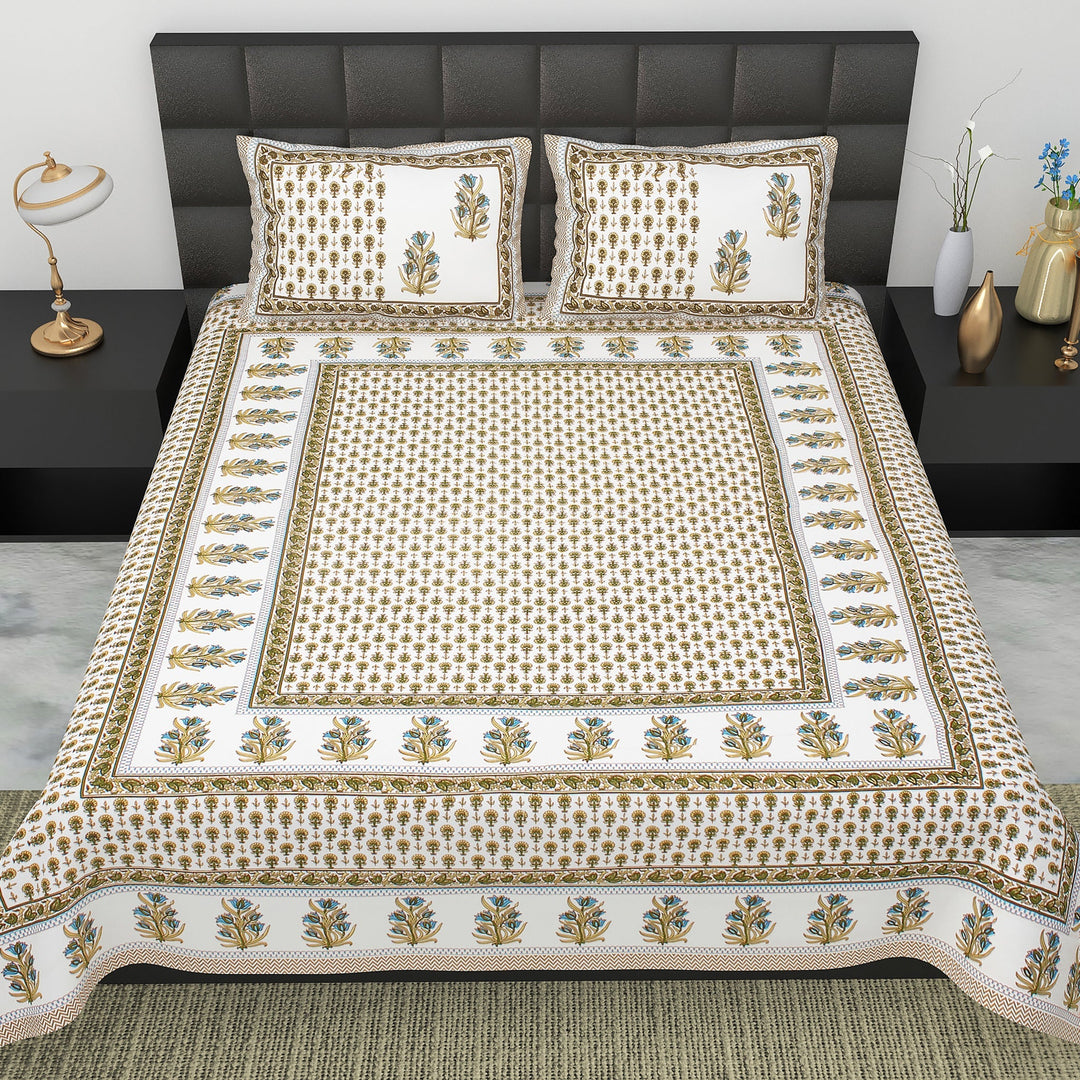 Bella Casa Fashion & Retail Ltd BEDSHEET 90 X 108 Inch / Blue & Brown / Cotton Bella Casa Double King Size Bedsheet Set Cotton with 2 Pillow Covers Floral Design Brown & Blue Colour - Ethnic Collection
