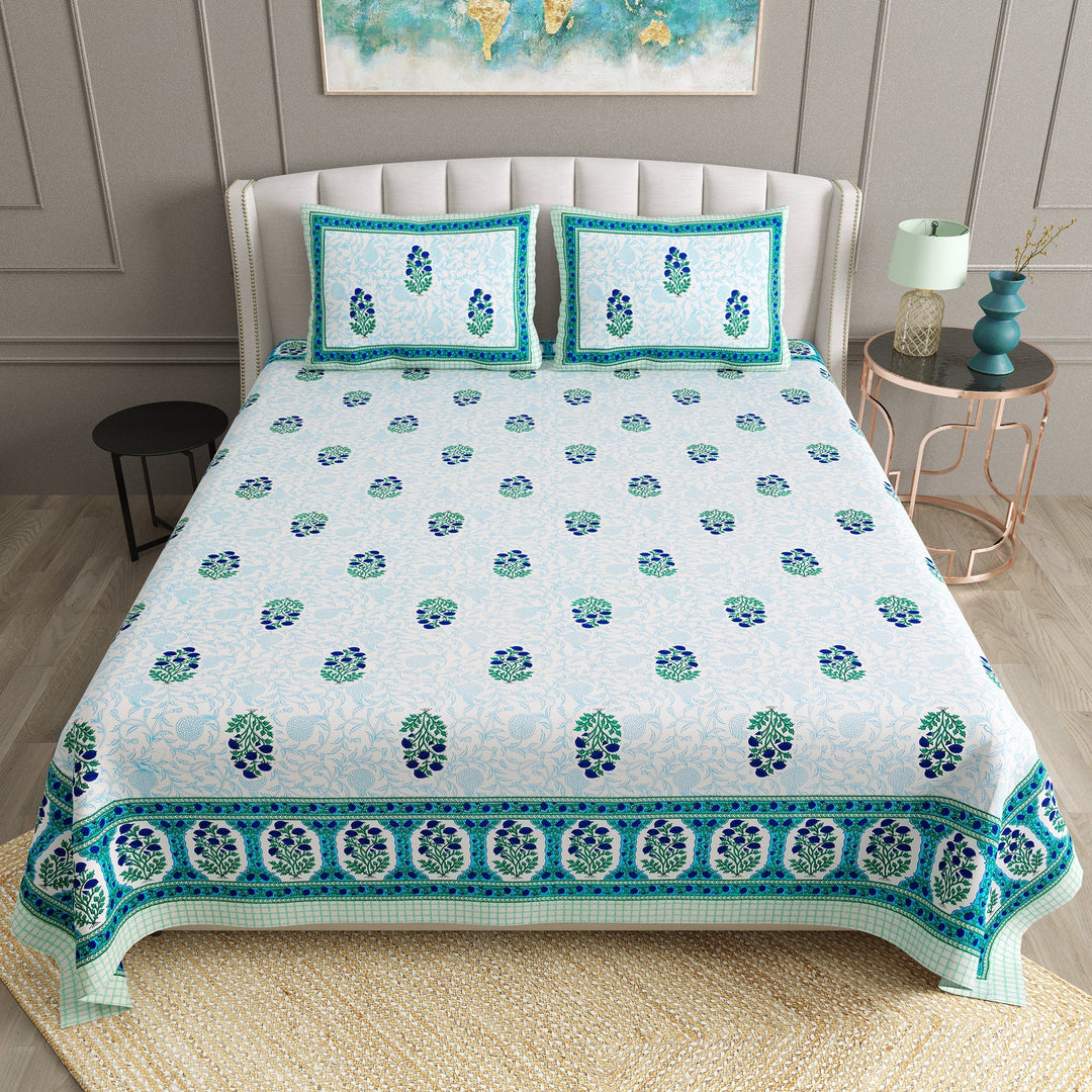 Bella Casa Fashion & Retail Ltd  BEDSHEET 90 X 108 Inch / Blue / Cotton Bella Casa Double Bedsheet Set Cotton King Size with 2 Pillow Covers  Floral Design Blue Colour - Ethnic Collection