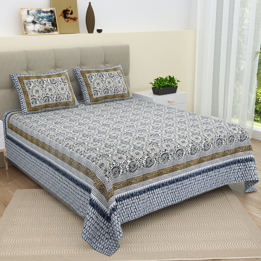 Bella Casa Fashion & Retail Ltd  BEDSHEET 90 X 108 Inch / Blue / Cotton Bella Casa Double Bedsheet Set Cotton King Size with 2 Pillow Covers  Floral Design Blue Colour - Ethnic Collection