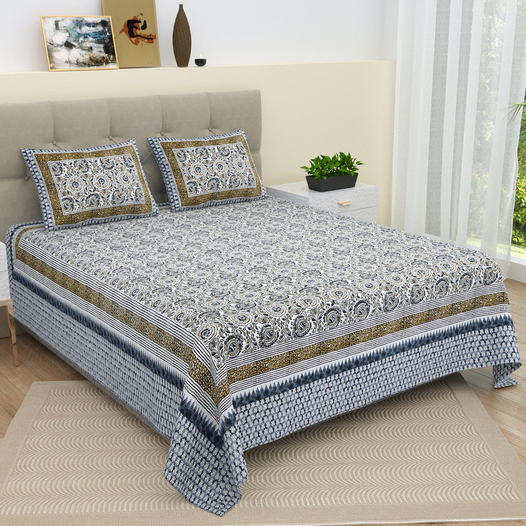 Bella Casa Fashion & Retail Ltd  BEDSHEET 90 X 108 Inch / Blue / Cotton Bella Casa Double Bedsheet Set Cotton King Size with 2 Pillow Covers  Floral Design Blue Colour - Ethnic Collection