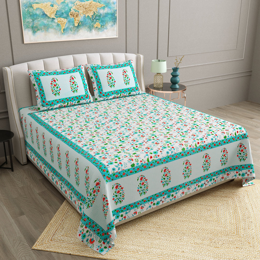 Bella Casa Fashion & Retail Ltd  BEDSHEET 90 X 108 Inch / Blue / Cotton Bella Casa Double Bedsheet Set Cotton King Size with 2 Pillow Covers  Floral Design Blue Colour - Ethnic Collection