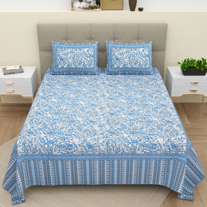 Bella Casa Fashion & Retail Ltd  BEDSHEET 90 X 108 Inch / Blue / Cotton Bella Casa Double Bedsheet Set Cotton King Size with 2 Pillow Covers  Floral Design Blue Colour - Ethnic Collection