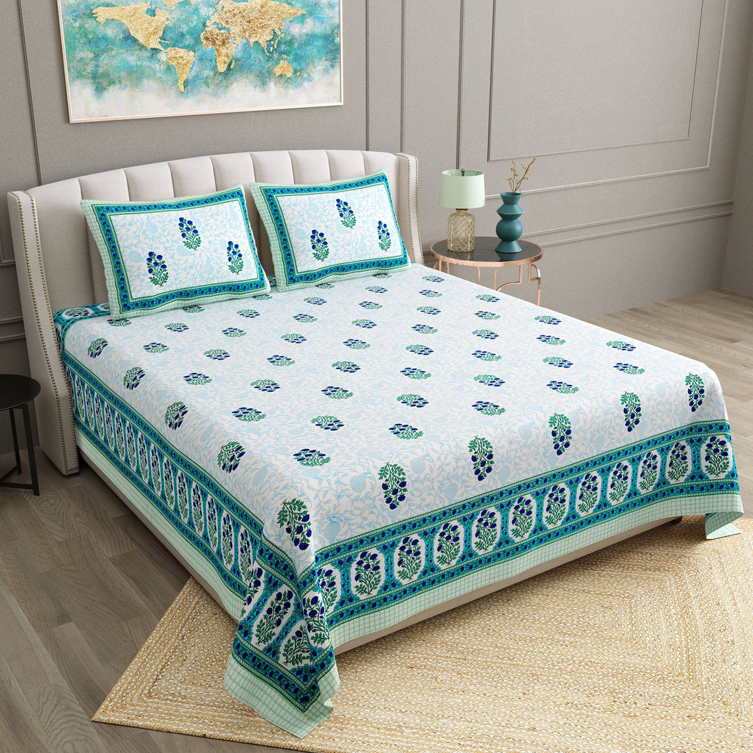 Bella Casa Fashion & Retail Ltd  BEDSHEET 90 X 108 Inch / Blue / Cotton Bella Casa Double Bedsheet Set Cotton King Size with 2 Pillow Covers  Floral Design Blue Colour - Ethnic Collection