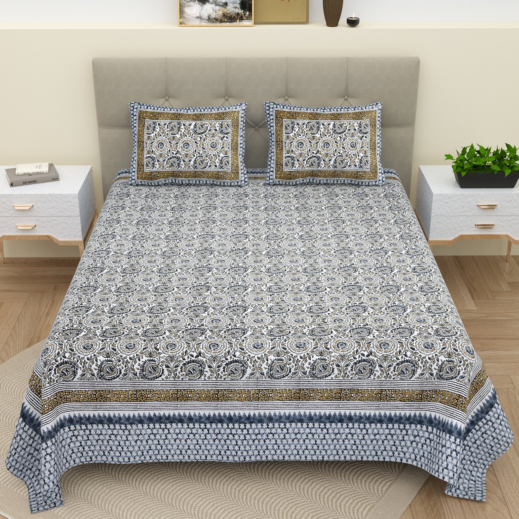 Double King Size Bedsheet with Pillow Covers Cotton Blue Colour