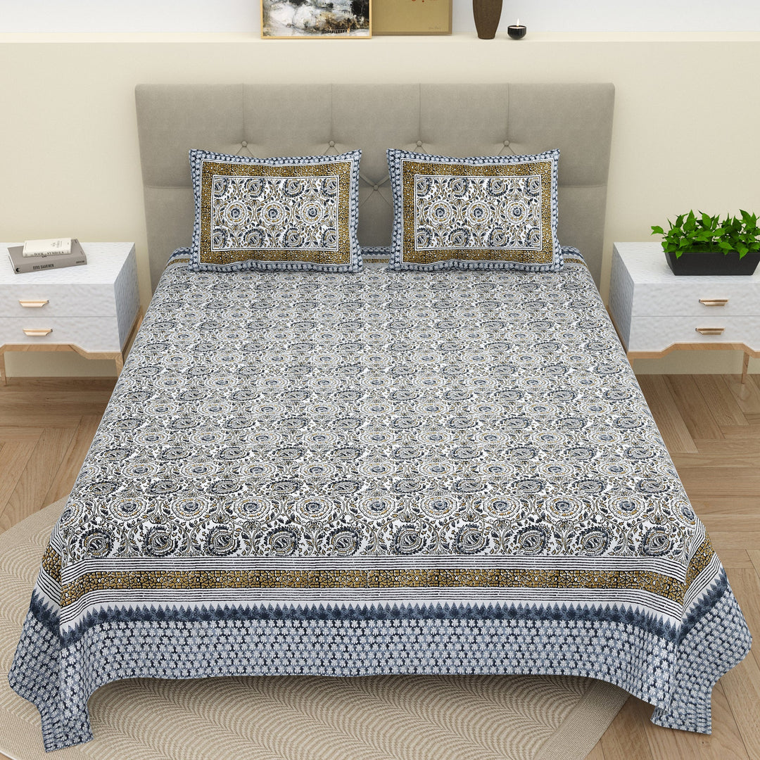 Bella Casa Fashion & Retail Ltd  BEDSHEET 90 X 108 Inch / Blue / Cotton Bella Casa Double Bedsheet Set Cotton King Size with 2 Pillow Covers  Floral Design Blue Colour - Ethnic Collection
