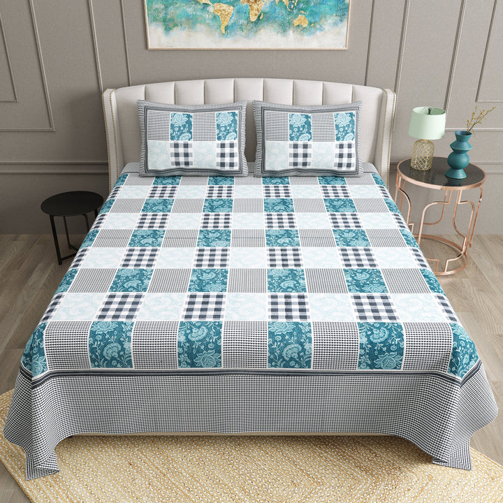 Bella Casa Fashion & Retail Ltd  BEDSHEET 90 X 108 Inch / Blue / Cotton Bella Casa Double King Size Bedsheet Set Cotton with 2 Pillow Covers Check Design Blue Colour - Ethnic Collection