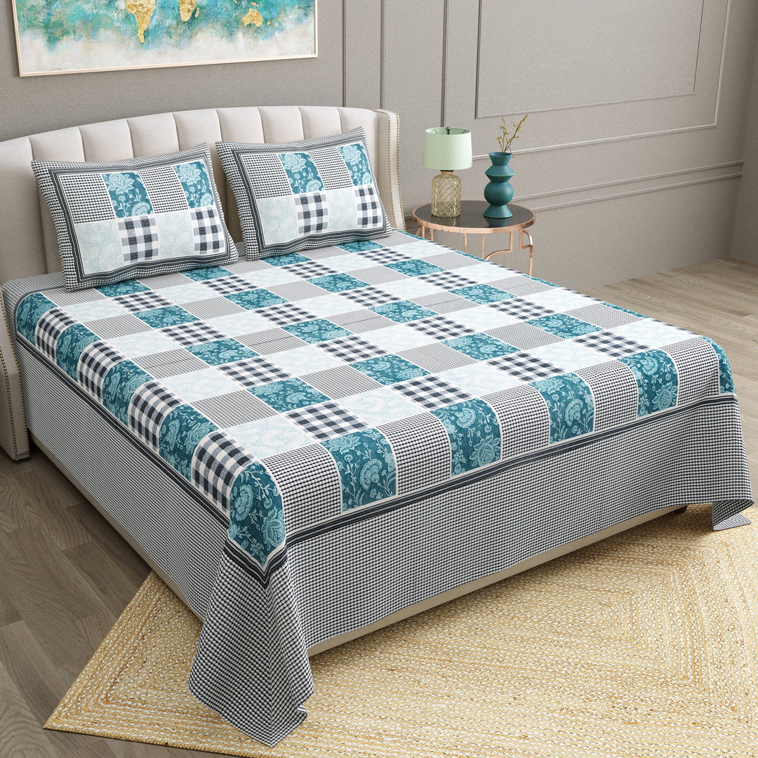 Bella Casa Fashion & Retail Ltd  BEDSHEET 90 X 108 Inch / Blue / Cotton Bella Casa Double King Size Bedsheet Set Cotton with 2 Pillow Covers Check Design Blue Colour - Ethnic Collection