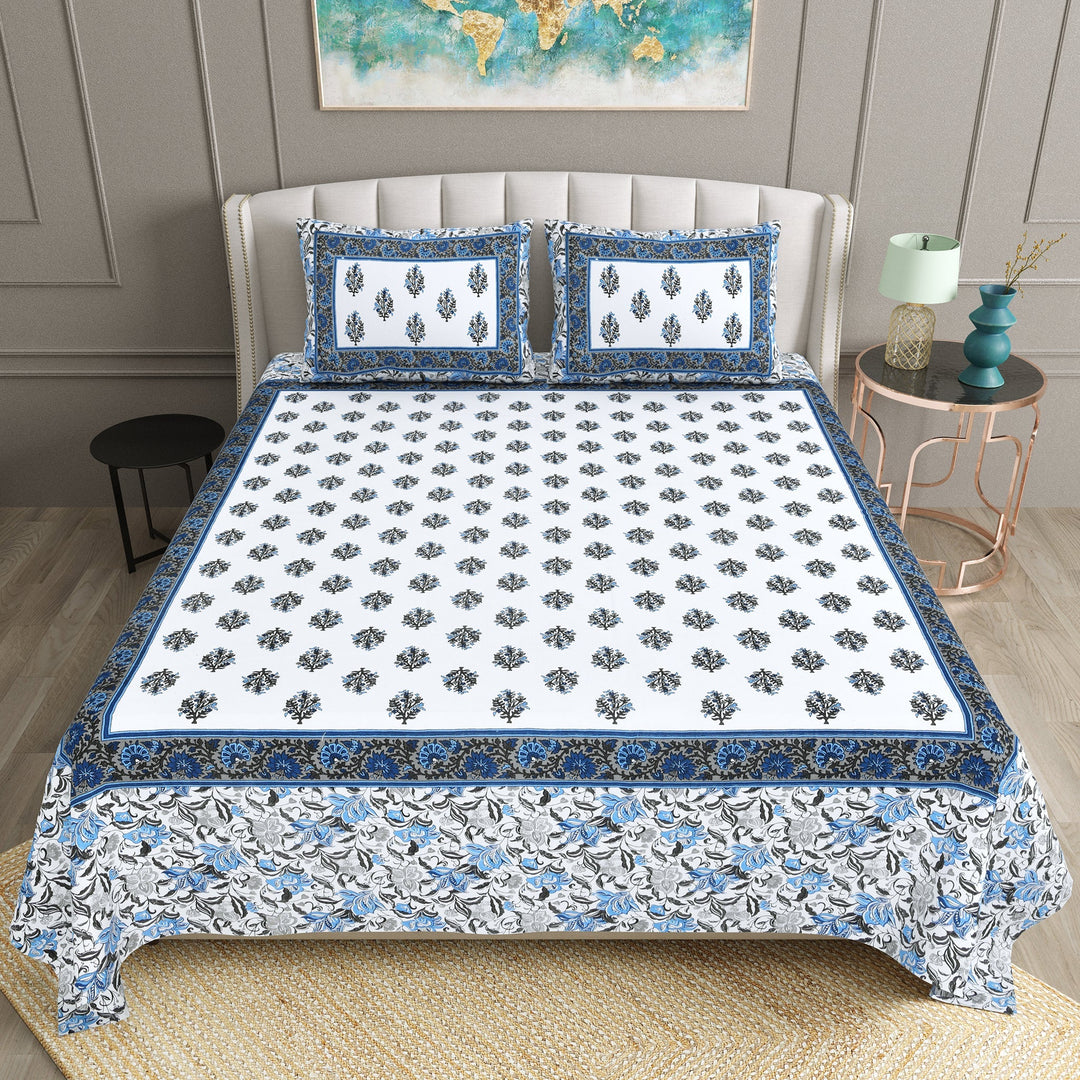 Bella Casa Fashion & Retail Ltd BEDSHEET 90 X 108 Inch / Blue / Cotton Bella Casa Double King Size Bedsheet Set Cotton with 2 Pillow Covers Floral Design Blue Colour - Ethnic Collection