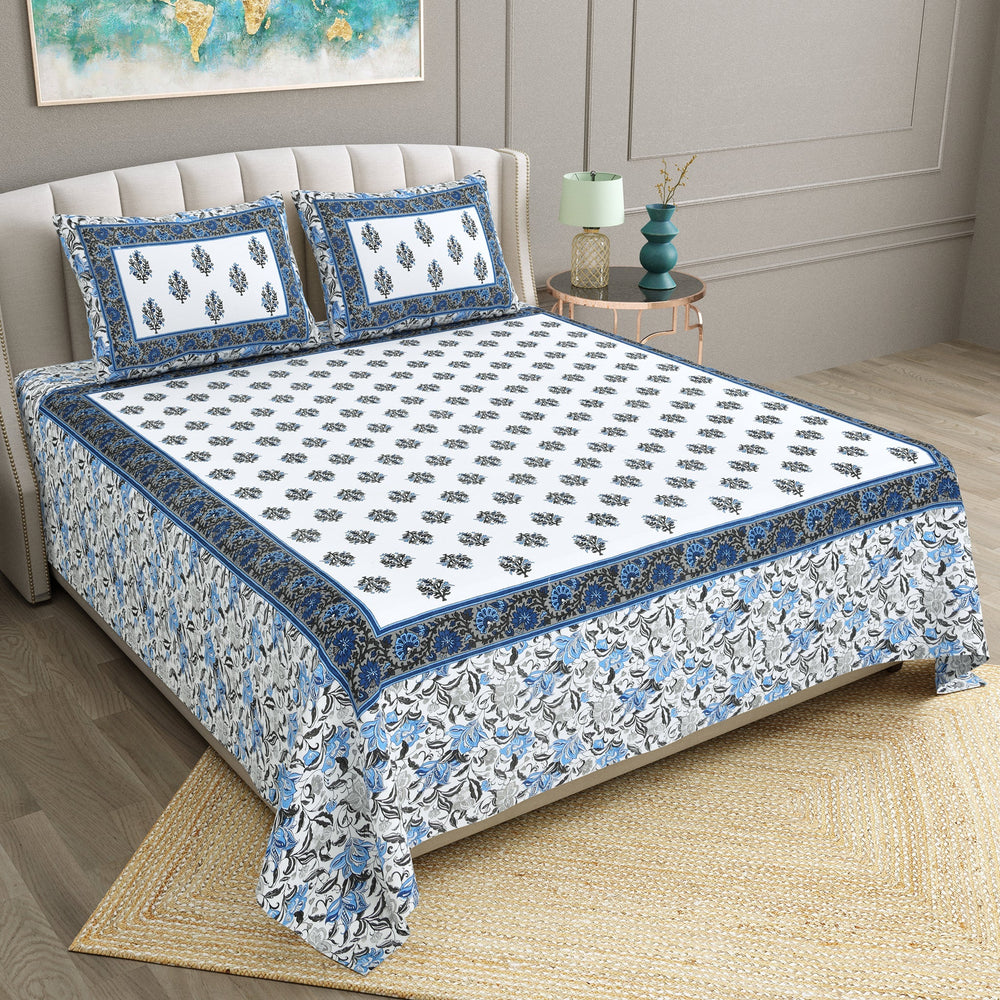 Bella Casa Fashion & Retail Ltd BEDSHEET 90 X 108 Inch / Blue / Cotton Bella Casa Double King Size Bedsheet Set Cotton with 2 Pillow Covers Floral Design Blue Colour - Ethnic Collection
