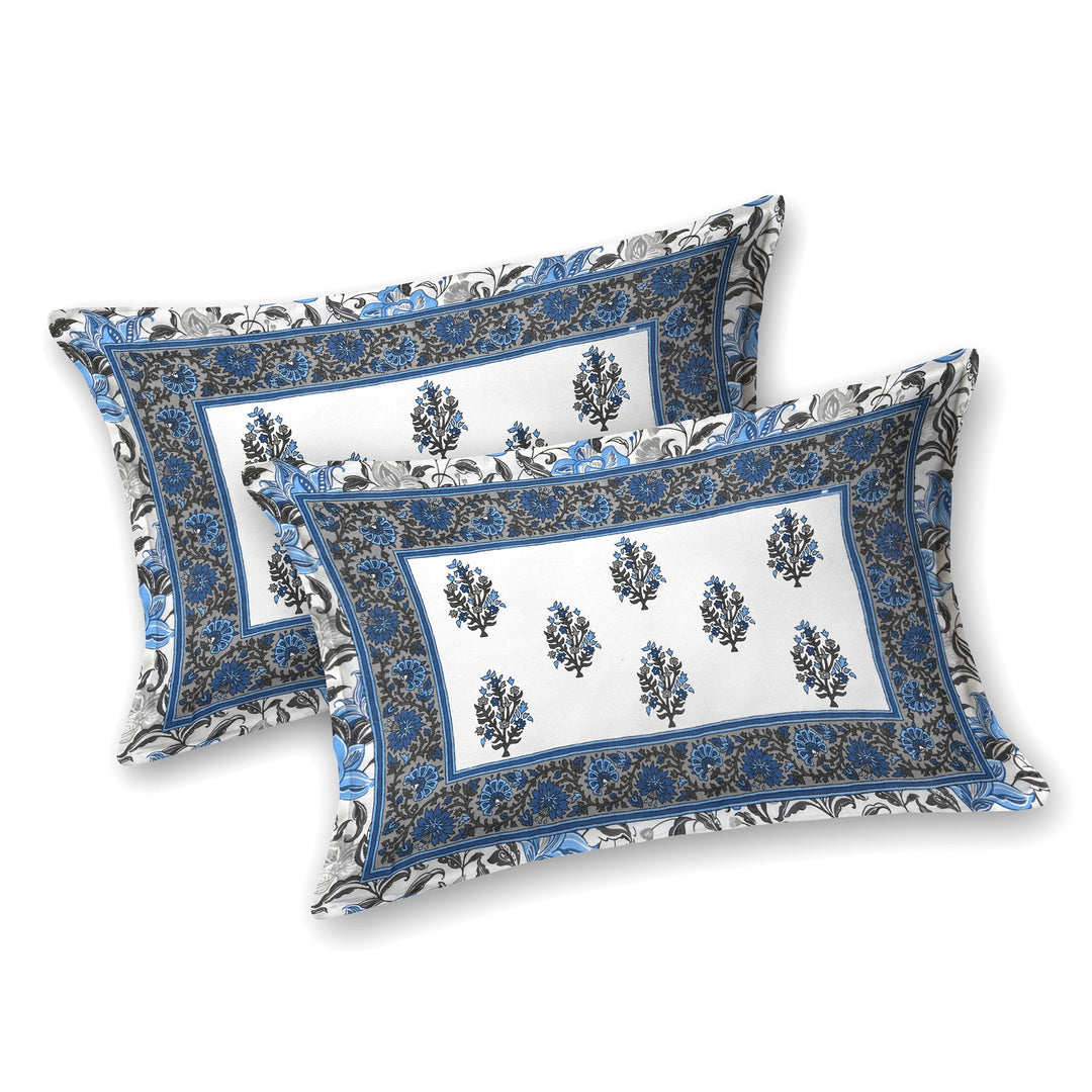 Bella Casa Fashion & Retail Ltd BEDSHEET 90 X 108 Inch / Blue / Cotton Bella Casa Double King Size Bedsheet Set Cotton with 2 Pillow Covers Floral Design Blue Colour - Ethnic Collection
