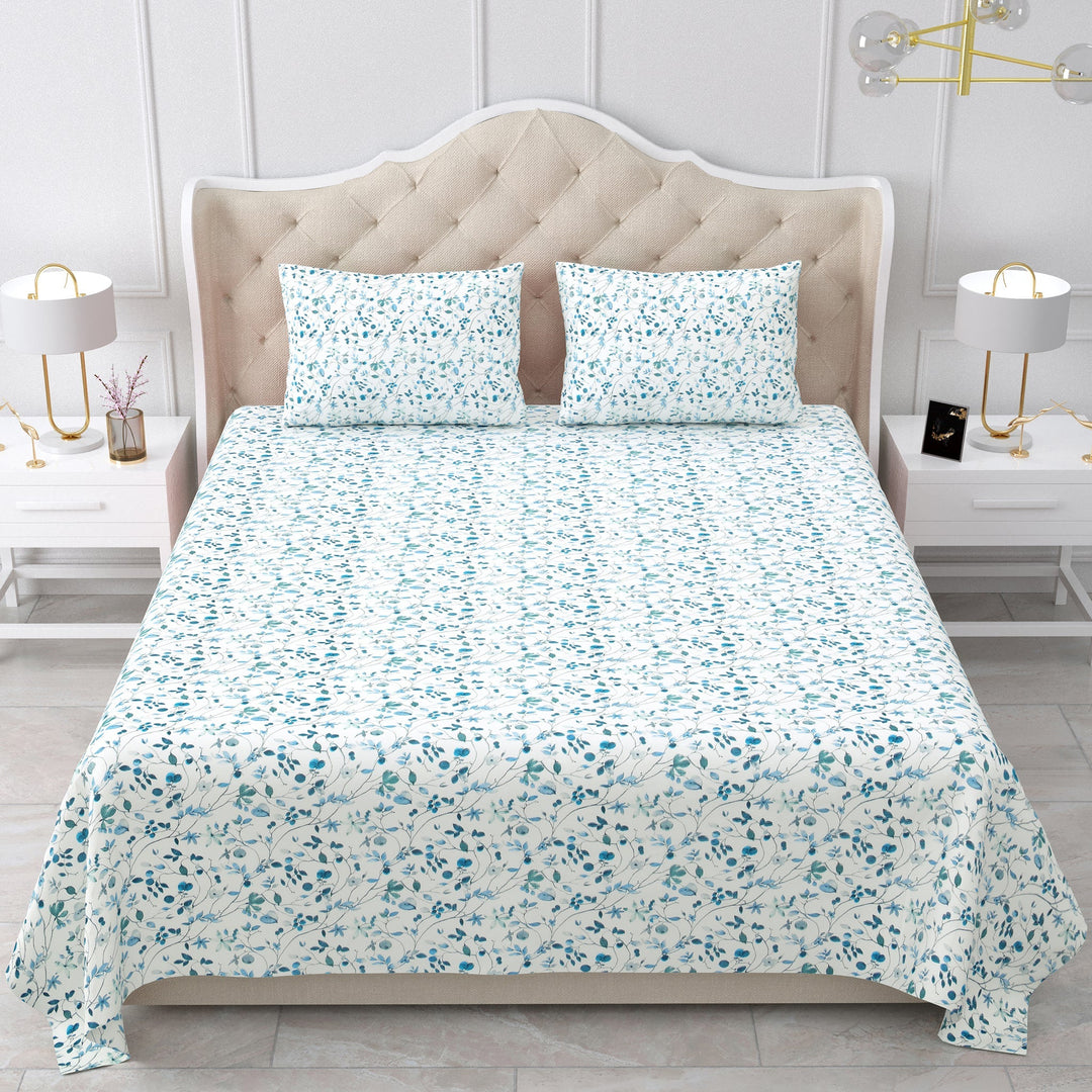 Bella Casa Fashion & Retail Ltd  BEDSHEET 90 X 108 Inch / Blue / Cotton Double Bedsheet Cotton King Size with 2 Pillow Covers Floral Design Blue Colour - Stella Collection