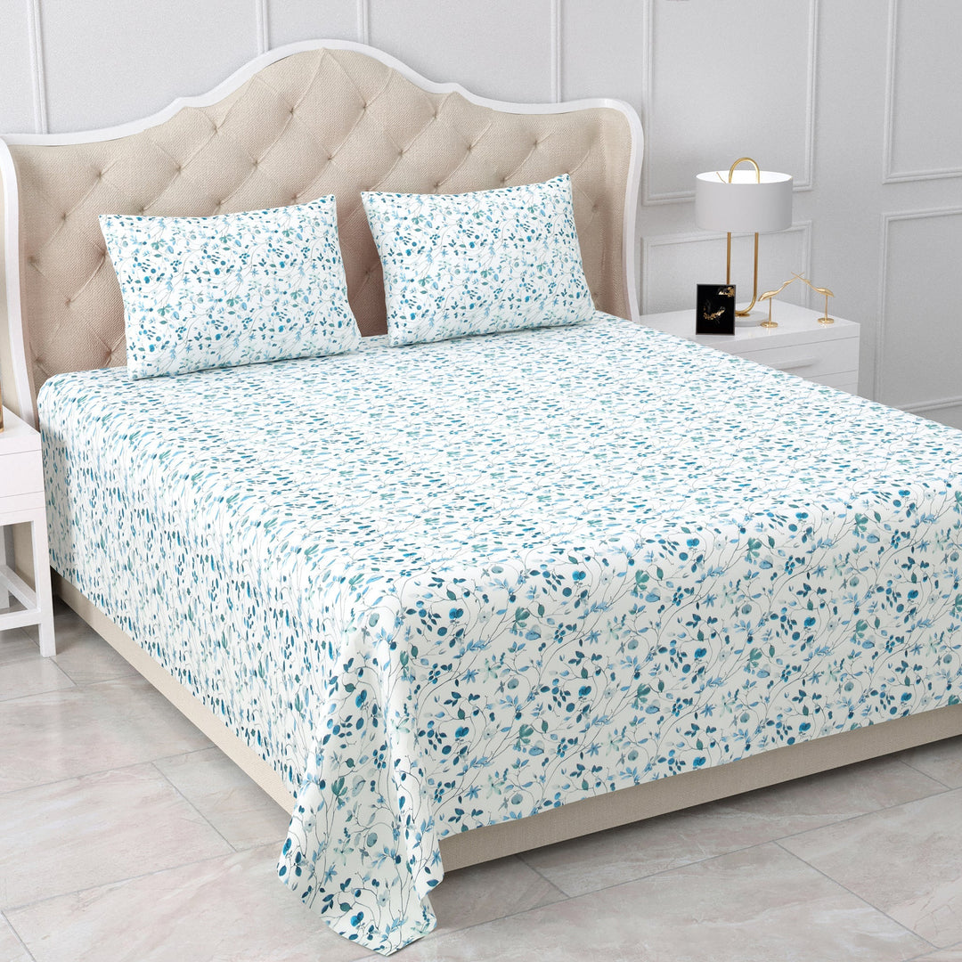 Bella Casa Fashion & Retail Ltd  BEDSHEET 90 X 108 Inch / Blue / Cotton Double Bedsheet Cotton King Size with 2 Pillow Covers Floral Design Blue Colour - Stella Collection