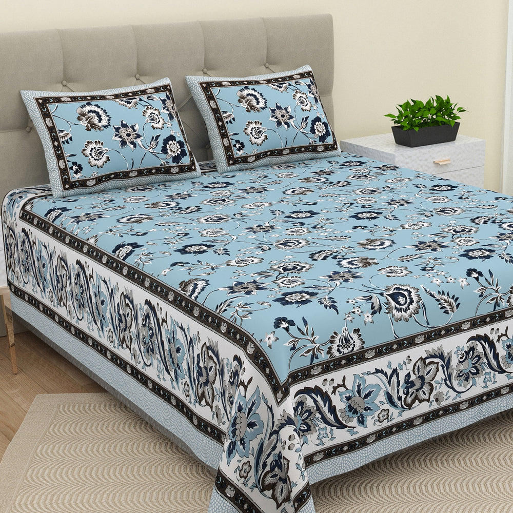 Bella Casa Fashion & Retail Ltd  BEDSHEET 90 X 108 Inch / Blue / Cotton Double King Size Bedsheet Set Cotton with 2 Pillow Covers Floral Design Blue Colour - Ethnic Collection