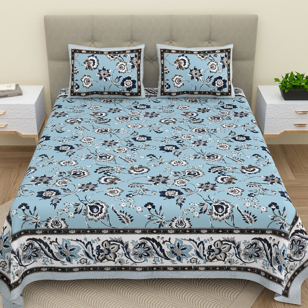 Bella Casa Fashion & Retail Ltd  BEDSHEET 90 X 108 Inch / Blue / Cotton Double King Size Bedsheet Set Cotton with 2 Pillow Covers Floral Design Blue Colour - Ethnic Collection