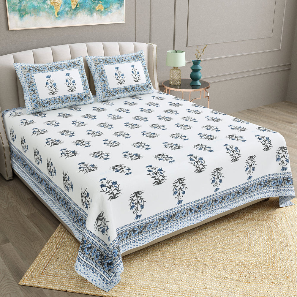 Bella Casa Fashion & Retail Ltd BEDSHEET 90 X 108 Inch / Blue / Cotton Double King Size Bedsheet Set Cotton with 2 Pillow Covers Floral Design Blue Colour - Ethnic Collection