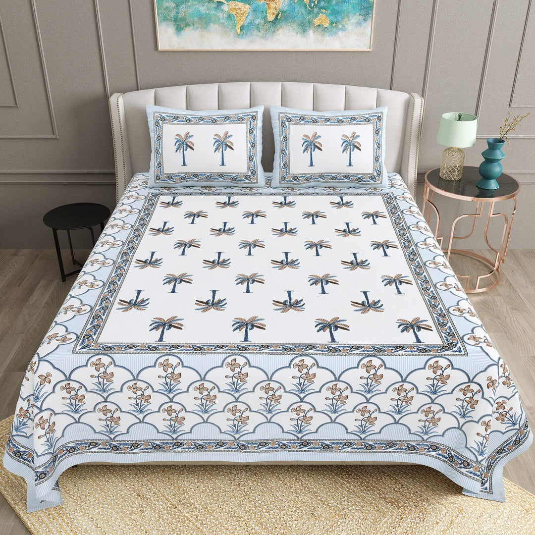 Bella Casa Fashion & Retail Ltd BEDSHEET 90 X 108 Inch / Blue / Cotton Double King Size Bedsheet Set Cotton with 2 Pillow Covers Floral Design Blue Colour - Ethnic Collection