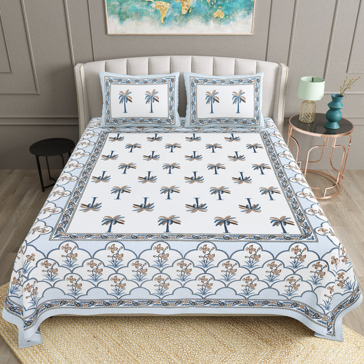 Bella Casa Fashion & Retail Ltd BEDSHEET 90 X 108 Inch / Blue / Cotton Double King Size Bedsheet Set Cotton with 2 Pillow Covers Floral Design Blue Colour - Ethnic Collection